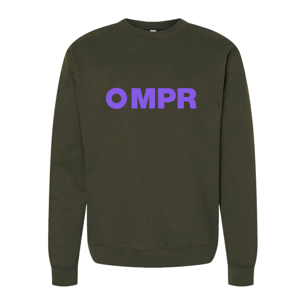 Army green sweatshirt with purple 'MPR' text.