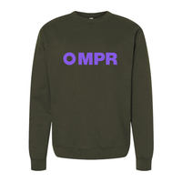 Army green sweatshirt with purple 'MPR' text.