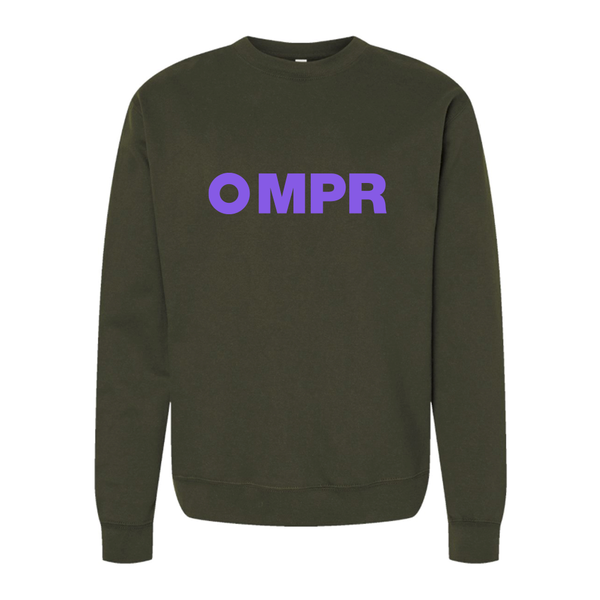 Army green sweatshirt with purple 'MPR' text.