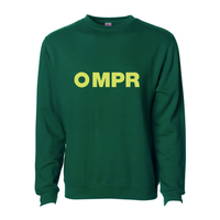 Dark green sweatshirt with 'MPR' printed in chartreuse.