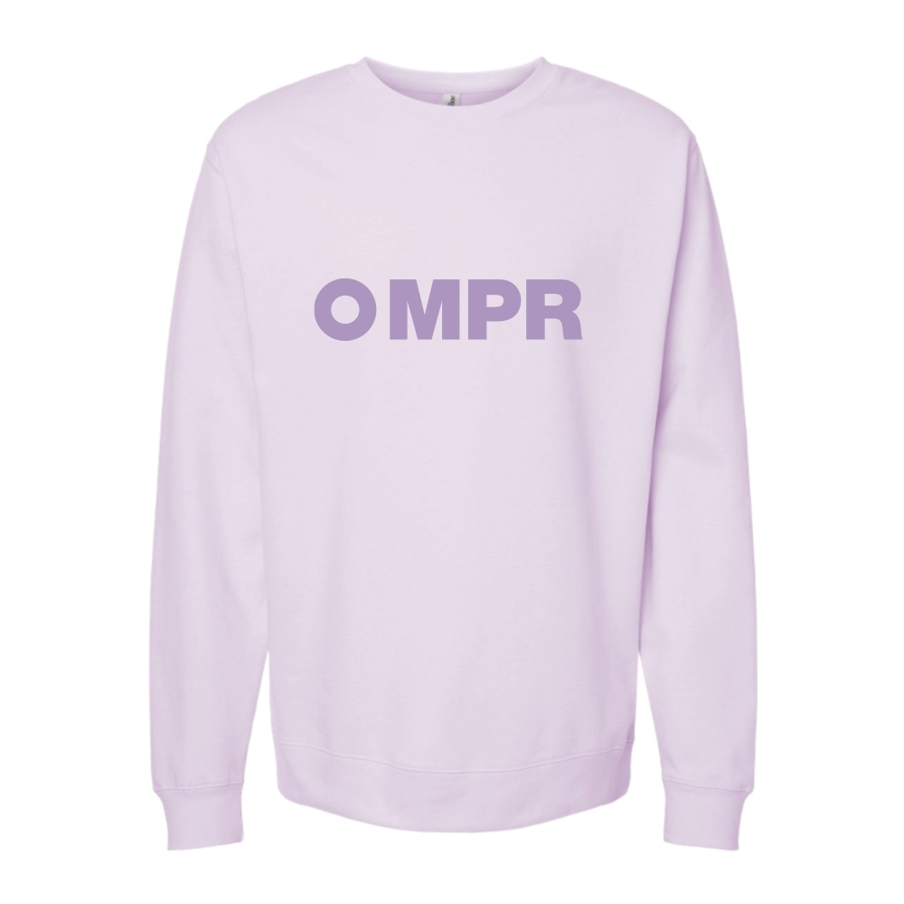 Lavender sweatshirt with 'MPR' text in darker lavender.