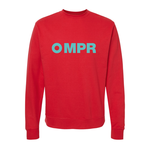 Red sweatshirt with 'MPR' printed in turquoise.